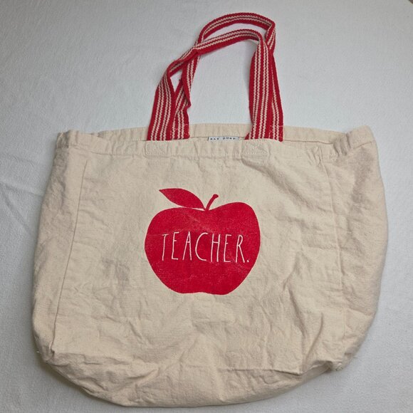 Rae Dunn Large Beige Canvas Teacher Tote Bag Red Apple Reuseable - Picture 3 of 8